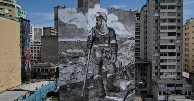 An aerial photo shows a mural by Brazilian artist and activist Mundano, in Sao Paulo, Brazil, Oct. 15, 2021. (EPA Photo)