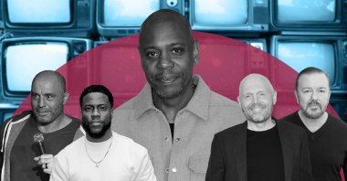 A photo illustration by Daily Sabah’s Ayla Coşkun shows comedians Joe Rogan (L), Kevin Hart (C-L), Dave Chappelle (C), Bill Burr (C-R) and Ricky Gervais. (Photo by Daily Sabah’s Ayla Coşkun)