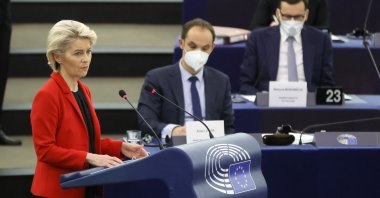President of the European Commission Ursula von der Leyen delivers a speech during a debate on "the Rule of law crisis in Poland and the primacy of EU law" during a session of the European Parliament in Strasbourg, France, Oct. 19, 2021. (EPA-EFE Photo)