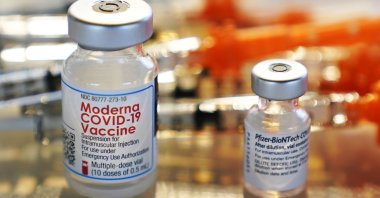 Vials for the Moderna and Pfizer COVID-19 vaccines can be seen at a temporary clinic in Exeter, New Hampshire, U.S., Feb. 25, 2021. (AP Photo)