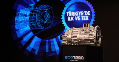 Ford Otosan's Ecotorq gearbox is seen in this picture taken on Oct. 19, 2021 as the text in the background reads "First and only in Turkey." (AA Photo)