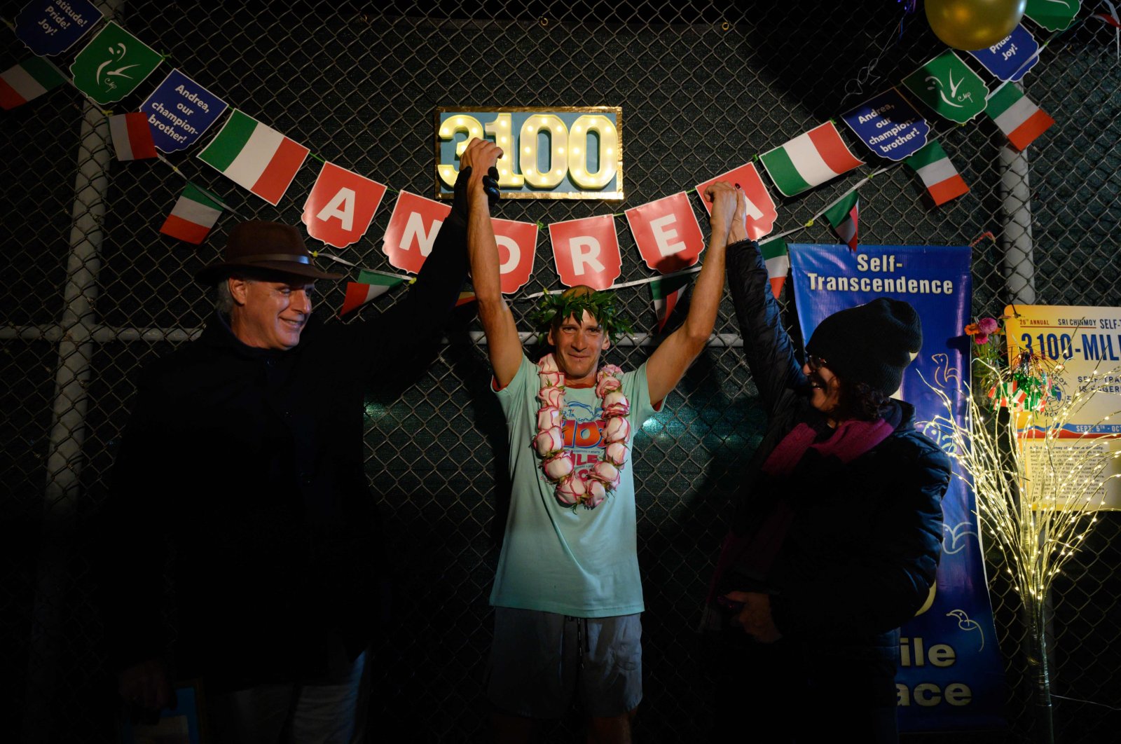 Italy's Andrea Marcato poses after winning the "Self-Transcendence 3100 Mile Race," the world's longest certified foot race, in Queens, New York, U.S., Oct. 17, 2021. (AFP Photo)