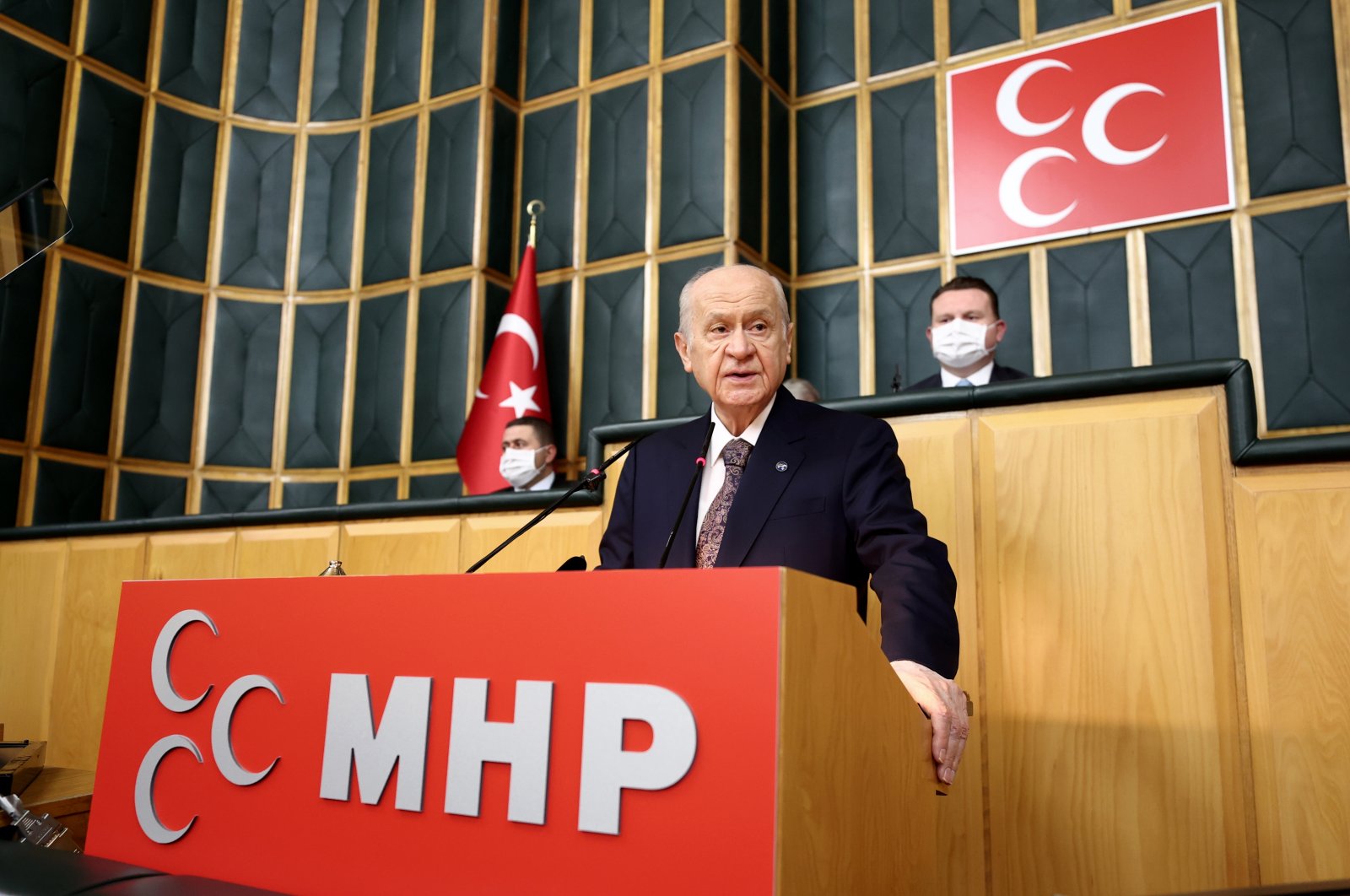 MHP Chairperson Devlet Bahçeli speaks at his party's parliamentary group meeting in Ankara, Turkey, Oct. 19, 2021. (AA Photo)