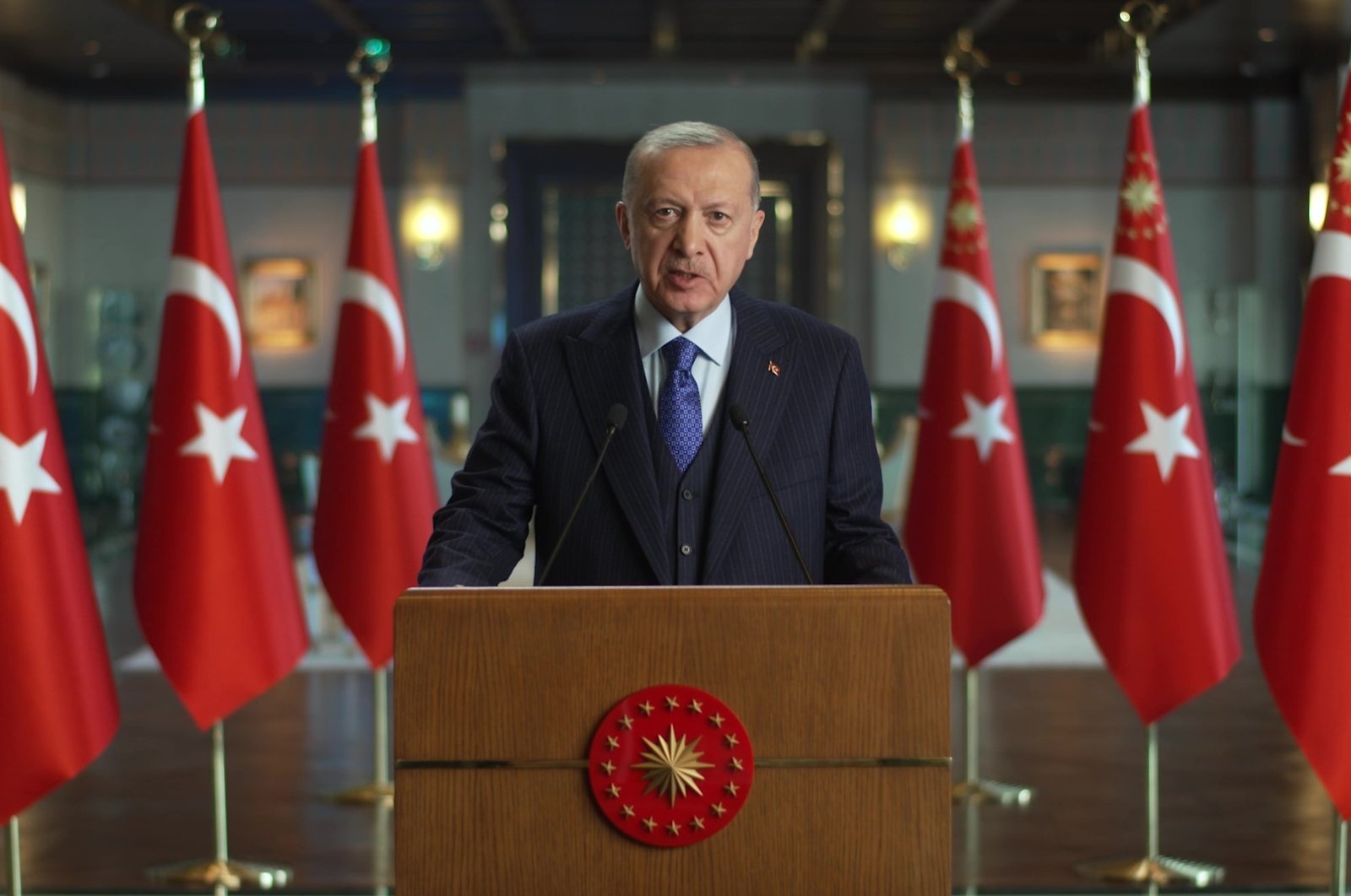 President Recep Tayyip Erdoğan speaks at the TRT World Forum via teleconference, Oct. 19, 2021. (DHA Photo)