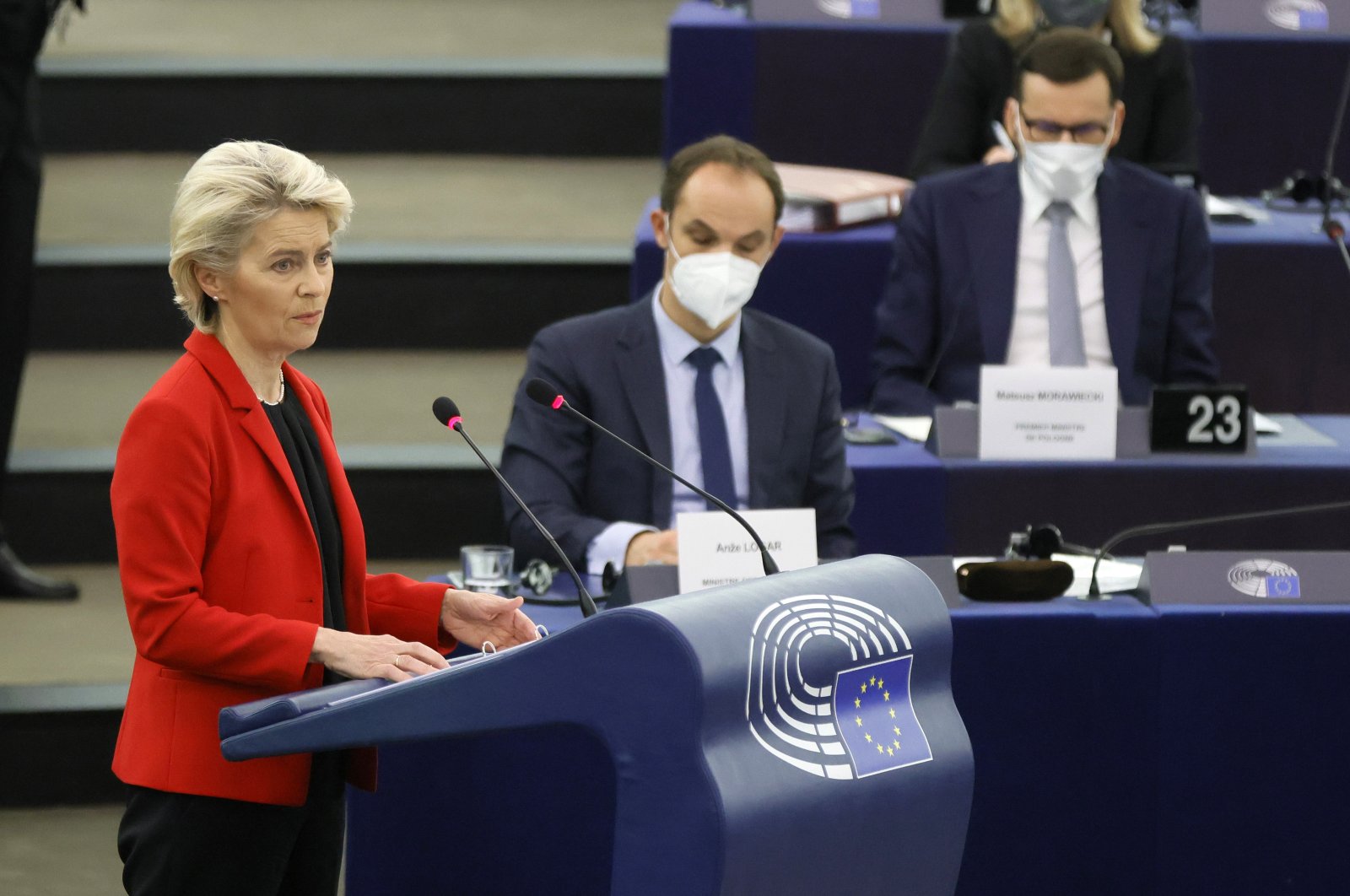 President of the European Commission Ursula von der Leyen delivers a speech during a debate on "the Rule of law crisis in Poland and the primacy of EU law" during a session of the European Parliament in Strasbourg, France, Oct. 19, 2021. (EPA-EFE Photo)