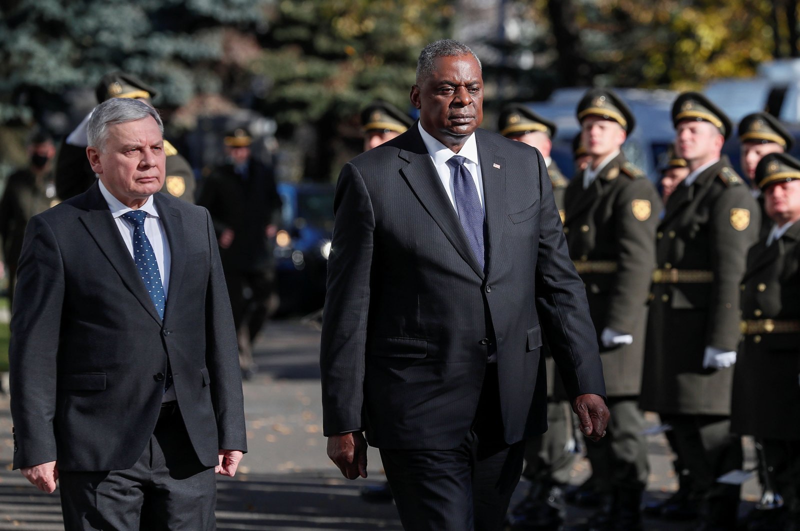 U.S. Defense Secretary Lloyd Austin and Ukrainian Defense Minister Andriy Taran walk past honor guards during a welcoming ceremony prior to their meeting in Kyiv, Ukraine, Oct. 19, 2021. (Reuters Photo)