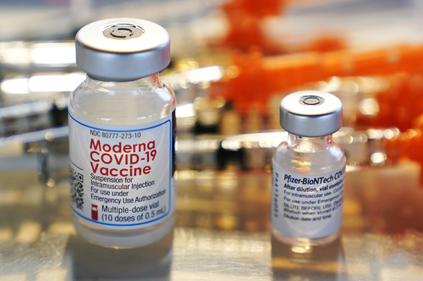 Vials for the Moderna and Pfizer COVID-19 vaccines can be seen at a temporary clinic in Exeter, New Hampshire, U.S., Feb. 25, 2021. (AP Photo)