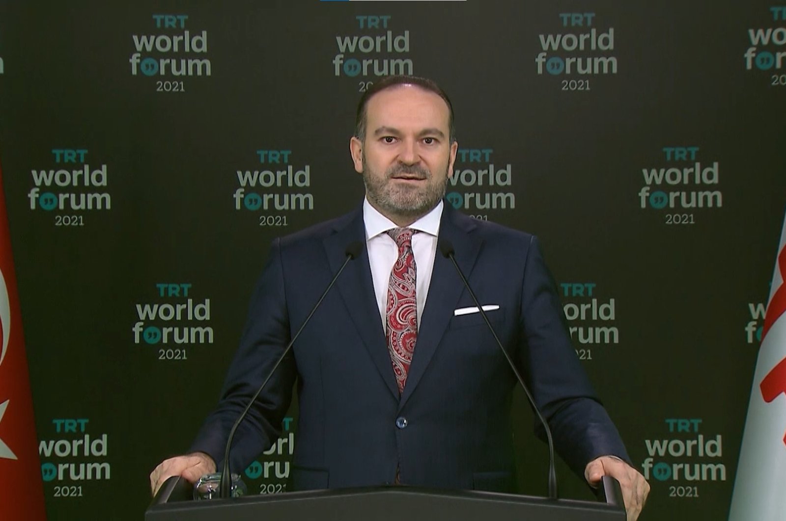 TRT Director-General Mehmet Zahid Sobacı speaks at the TRT World Forum, Istanbul, Turkey, Oct. 19, 2021.
