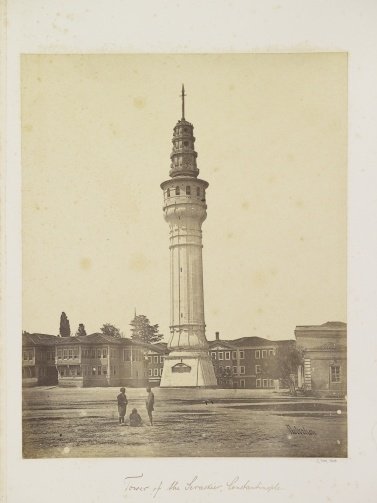 An old photo of the Beyazıt or Serasker Tower in Istanbul in 1855. (Wikimedia Photo) 