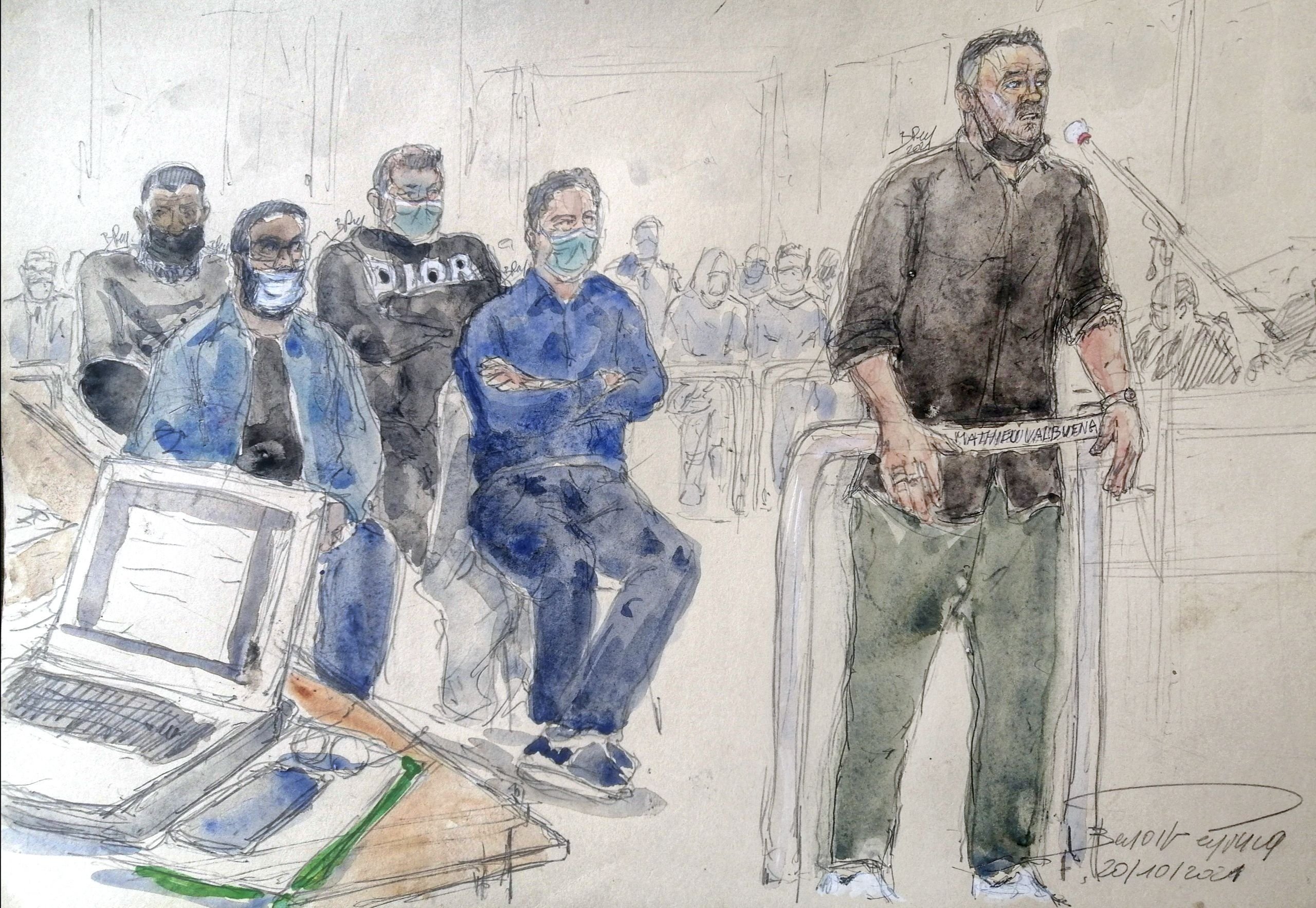 This court-sketch made on Oct. 20, 2021, shows French football player Mathieu Valbuena before the court in Versailles during the trial of his former international teammate Karim Benzema and four other accused on charges of complicity in an attempted blackmail in a case known as the 'sex tape affair.' (AFP Photo)