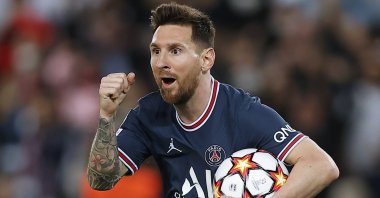 Paris Saint-Germain's Lionel Messi celebrates scoring during a UEFA Champions League match against RB Leipzig in Paris, France, Oct. 19, 2021. (EPA Photo)