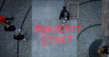 Graffiti reading "Polexit start" is seen in central Warsaw, Poland, Oct. 9, 2021. (Reuters Photo)