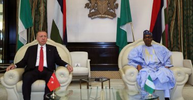 President Recep Tayyip Erdoğan (L) and President of Nigeria Muhammad Buhari (R) during their meeting at the presidential palace in Abuja, Nigeria, Oct. 20, 2021. (AFP Photo)