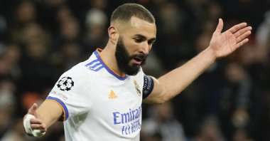 Real Madrid's Karim Benzema reacts during a Champions League match at the Olympiyskiy stadium in Kyiv, Ukraine, Oct. 19, 2021. (AP Photo)