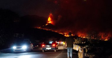 A view of lava flowing from the Cumbre Vieja volcano as it reaches the La Laguna neighborhood in La Palma, Canary Islands, Spain, Oct. 19, 2021. (EPA Photo)