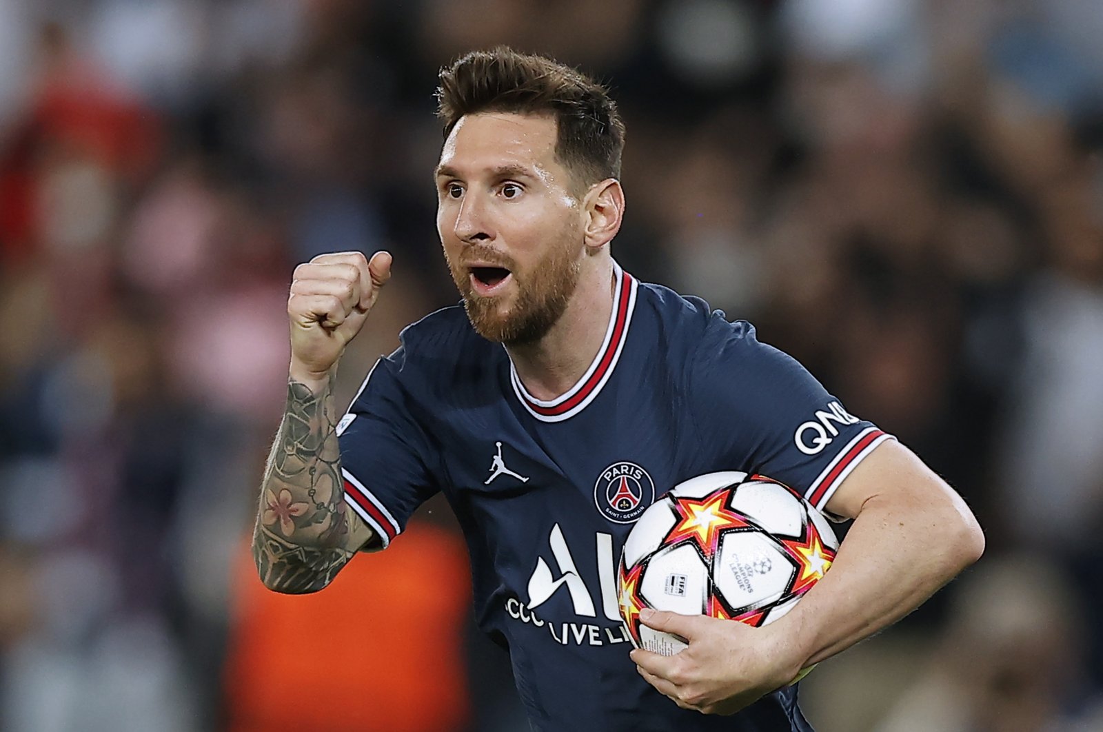 Paris Saint-Germain's Lionel Messi celebrates scoring during a UEFA Champions League match against RB Leipzig in Paris, France, Oct. 19, 2021. (EPA Photo)