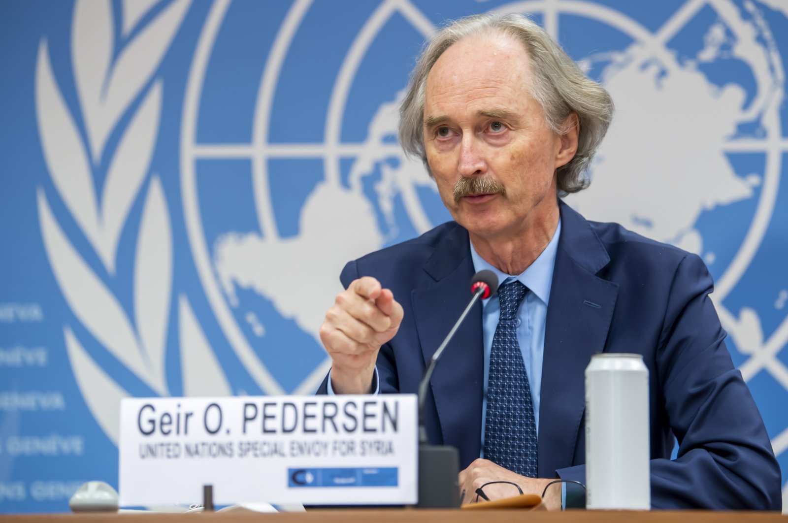 Geir Pedersen, U.N. Special Envoy for Syria, speaks to the media about the sixth session of the Constitutional Committee Small Body, during a press conference at the European headquarters of the United Nations in Geneva, Switzerland, 17 October 2021.  EPA/MARTIAL TREZZINI