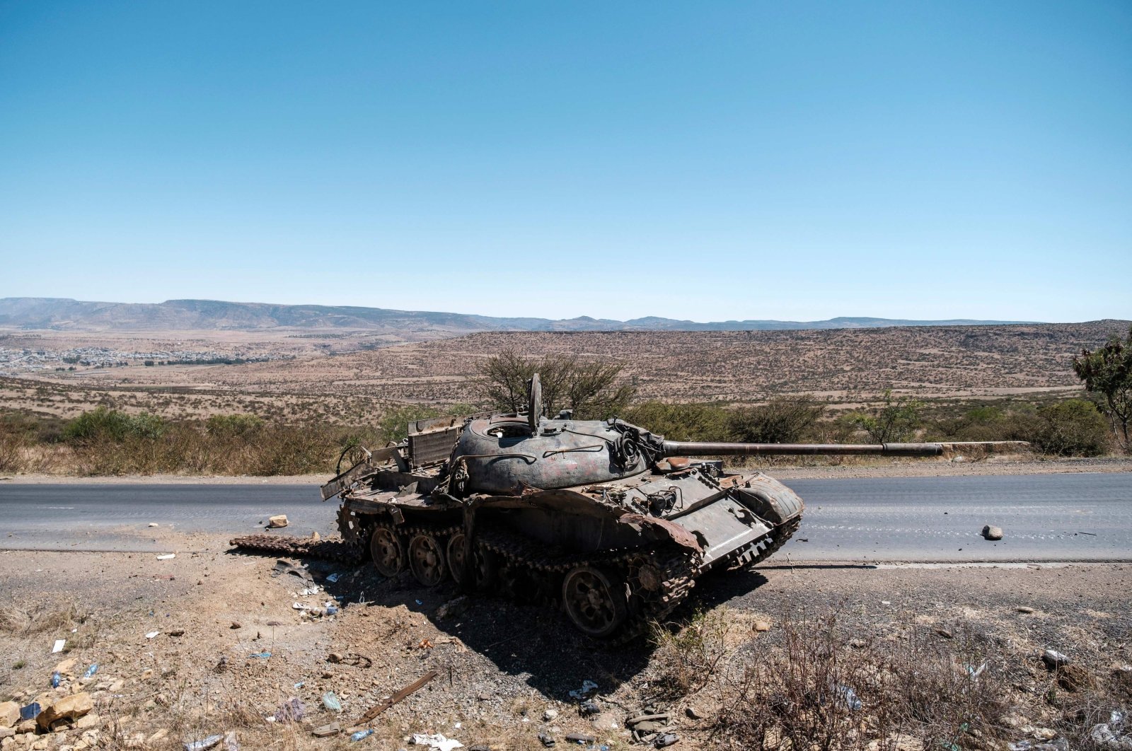 A damaged tank stands on a road north of Mekele, the capital of Tigray, Ethiopia, Feb. 26, 2021. (AFP Photo)