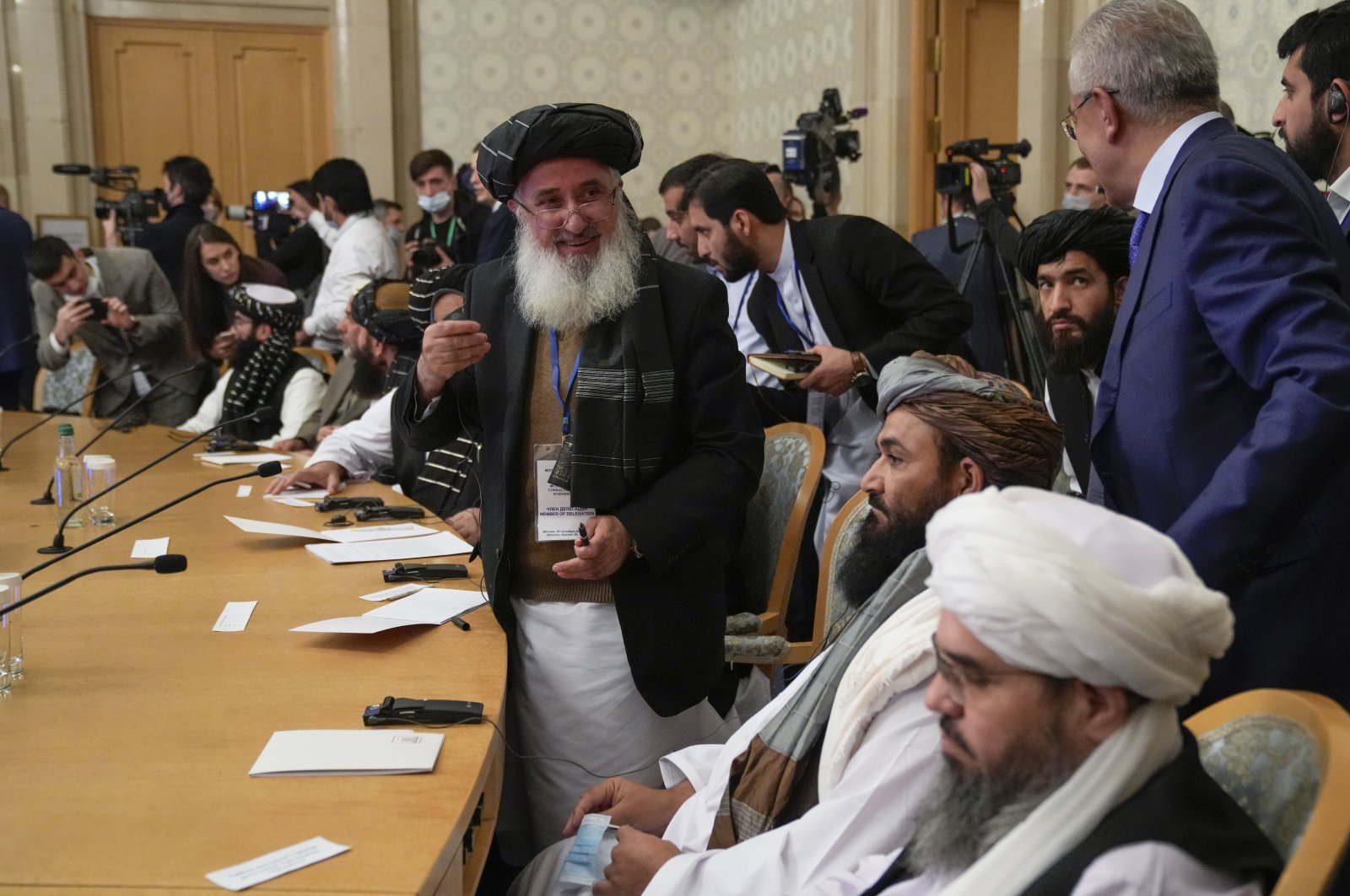 Members of the political delegation from Afghanistan's interim Taliban government attend talks involving Afghan representatives in Moscow, Russia, Oct. 20, 2021. (EPA Photo)