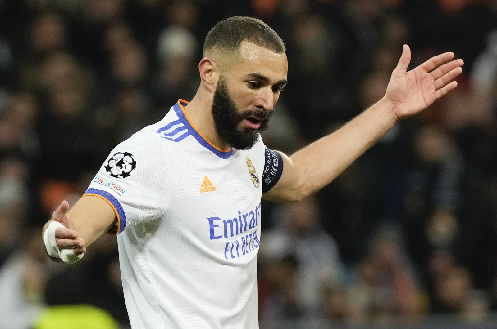 Real Madrid's Karim Benzema reacts during a Champions League match at the Olympiyskiy stadium in Kyiv, Ukraine, Oct. 19, 2021. (AP Photo)