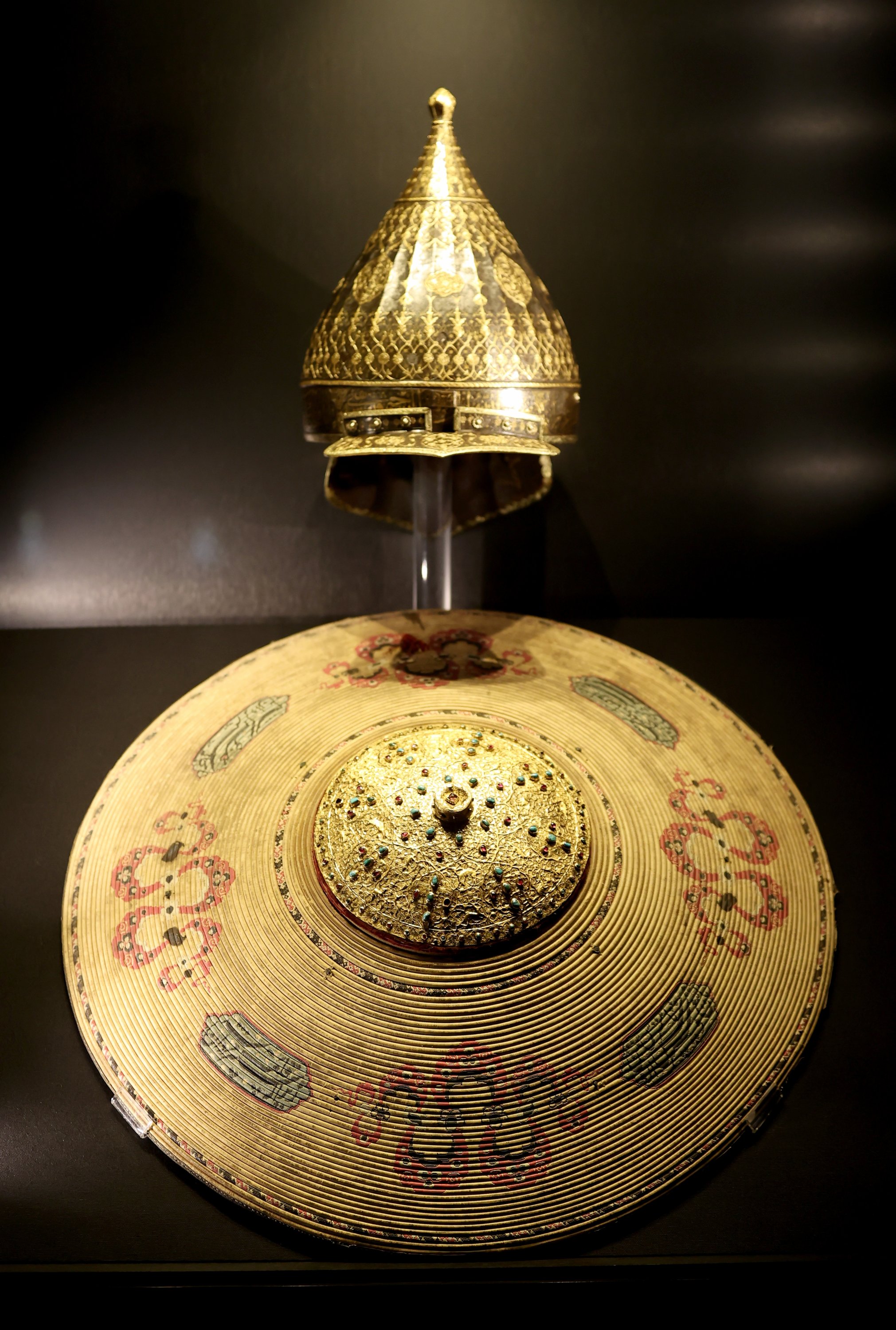 A helmet and a shield from the weapon collection of the Topkapı Palace Museum, Istanbul, Oct. 20, 2021. (AA Photo) 