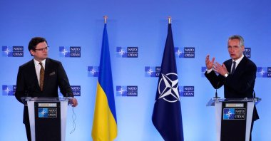 NATO Secretary-General Jens Stoltenberg (R) and Ukraine's Foreign Minister Dmytro Kuleba give a press conference following their meeting at NATO headquarters in Brussels, Belgium, April 13, 2021. (AFP Photo )