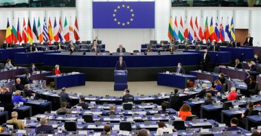 Polish Prime Minister Mateusz Morawiecki delivers a speech during a debate on Poland's challenge to the supremacy of EU laws at the European Parliament in Strasbourg, France, Oct. 19, 2021. (Reuters Photo)
