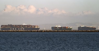 Containers ships are seen in queues from the Port of Los Angeles, California, U.S., Oct. 18, 2021. (AP Photo)