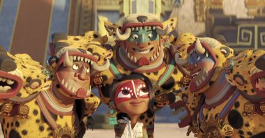 Characters of Jaguar Triplets voiced by Gael García Bernal, back, and Maya, voiced by Zoe Saldaña, in a scene of the animated series "Maya and the Three." Oct. 22, 2021. (AP)