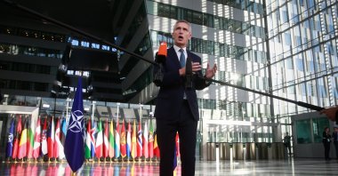 NATO Secretary-General Jens Stoltenberg during a doorstep statement ahead of a meeting of the NATO ministers of defense at the NATO headquarters in Brussels, Belgium, Oct. 21, 2021. (EPA Photo)