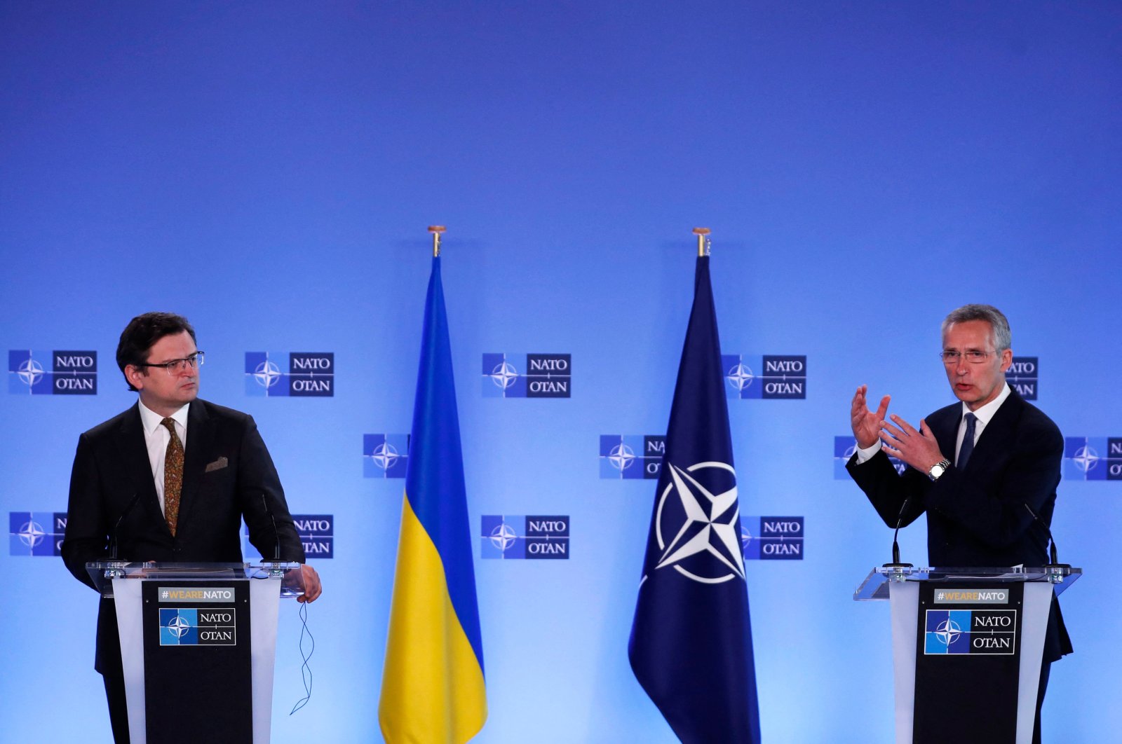 NATO Secretary-General Jens Stoltenberg (R) and Ukraine's Foreign Minister Dmytro Kuleba give a press conference following their meeting at NATO headquarters in Brussels, Belgium, April 13, 2021. (AFP Photo )