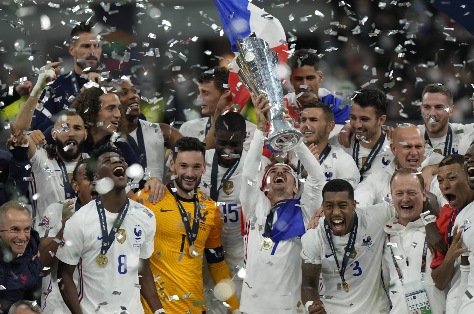 France players celebrate their victory in the UEFA Nations League final against Spain at the San Siro, Milan, Italy, Oct. 10, 2021. (AP Photo)