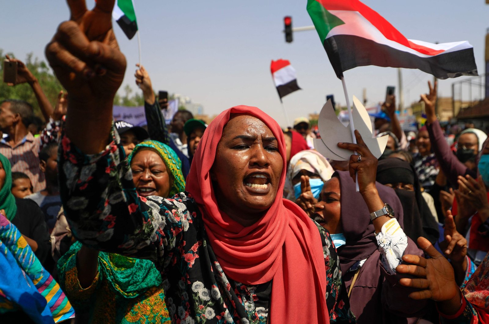 Demonstrators take to the streets to demand the Sudanese government's transition to civilian rule, in Khartoum, Sudan, Oct. 21, 2021. (AFP Photo)