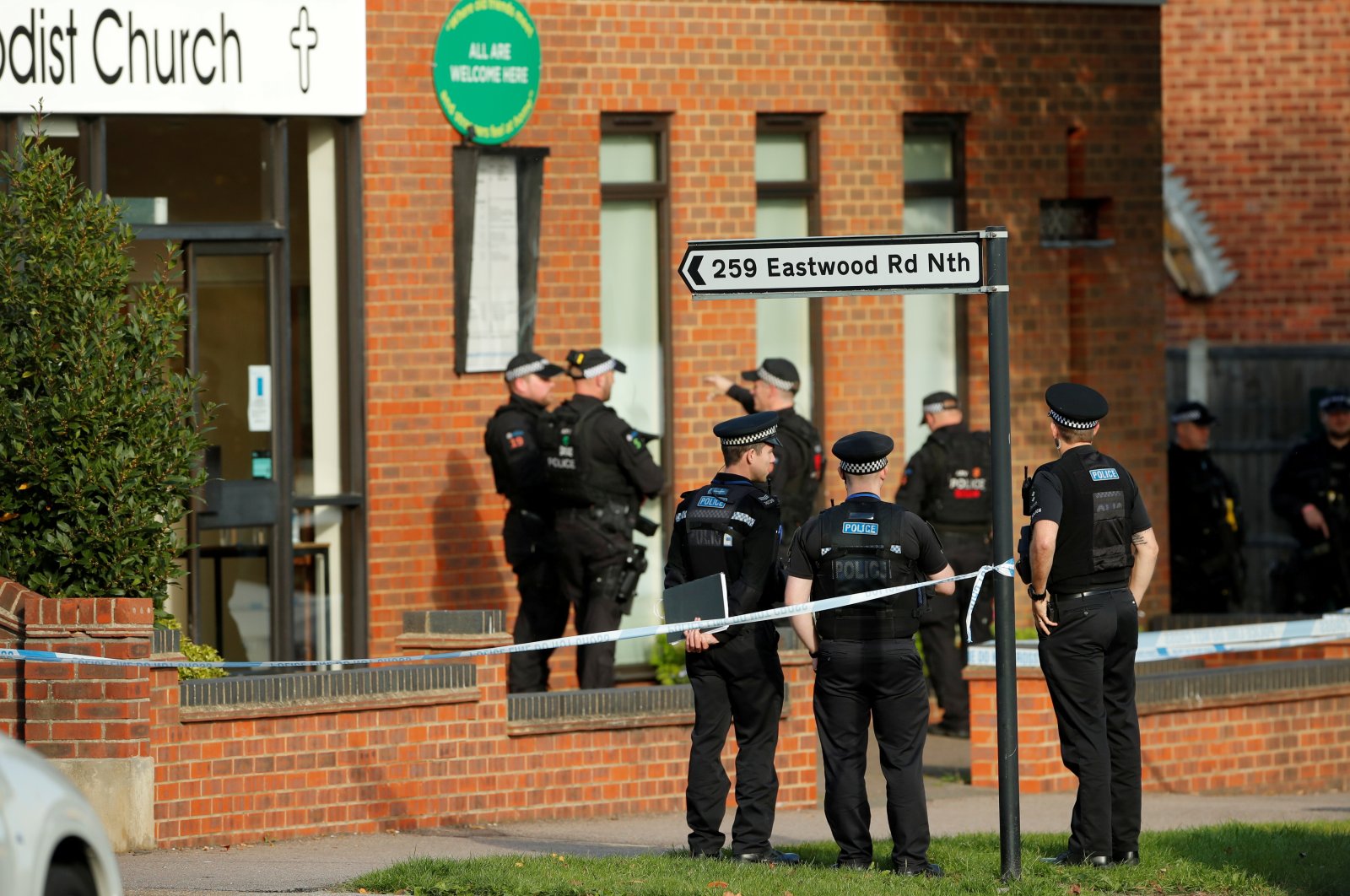 Police officers are seen at the scene where British lawmaker David Amess was murdered during a visit with constituents in Leigh-on-Sea, Britain, Oct. 15, 2021. (Reuters Photo)