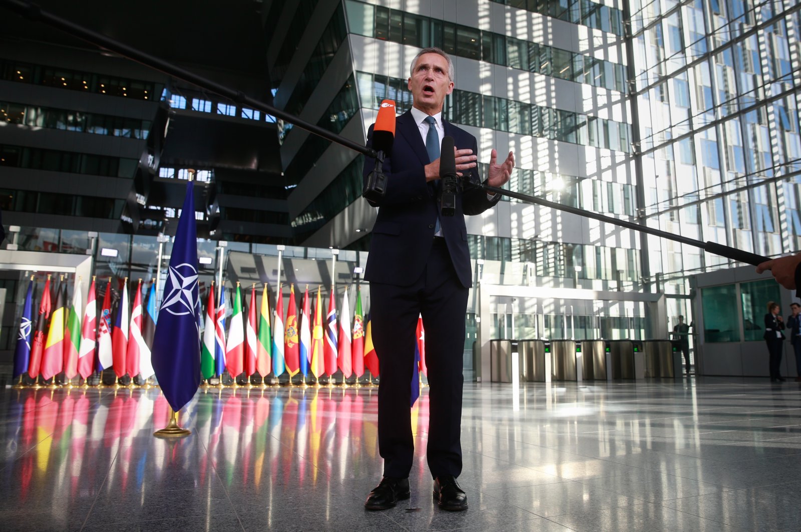 NATO Secretary-General Jens Stoltenberg during a doorstep statement ahead of a meeting of the NATO ministers of defense at the NATO headquarters in Brussels, Belgium, Oct. 21, 2021. (EPA Photo)