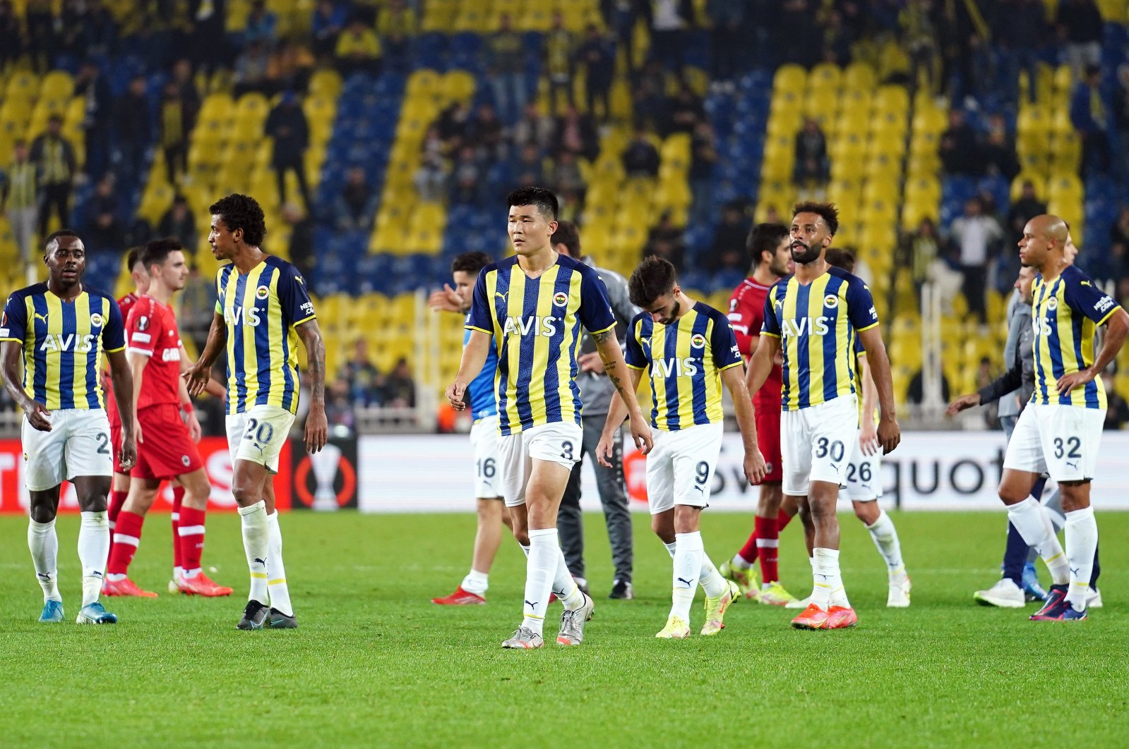 Fenerbahçe players are seen during the UEFA Europa League match against Belgium's Royal Antwerp at Istanbul Şükrü Saraçoğlu Stadium on Oct. 22, 2021, Istanbul, Turkey. (IHA Photo)