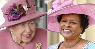 This combination of file pictures created on October 21, 2021, shows Britain's Queen Elizabeth II (L) attending the ceremonial opening of the sixth Senedd, in Cardiff, Wales, on Oct. 14, 2021; and Dame Sandra Mason, governor-general of Barbados, holds her Companion of the Order of St Michael and St George (CMG) medal presented at an investiture ceremony at Buckingham Palace in London, March 23, 2018. (AFP Photo)