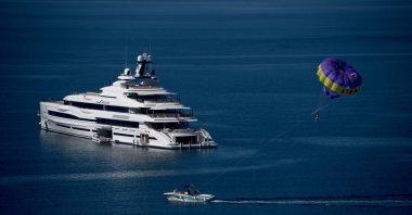 Bill Gates' luxury yacht Lana, along with a catamaran-class logistics support vessel, Wayfinder, off the shores of Aydın, western Turkey, Oct. 22, 2021. (DHA Photo)