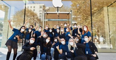 Apple staff pose in front of the newly opened store, Istanbul, Turkey, Oct. 22, 2021. (Courtesy of Apple)
