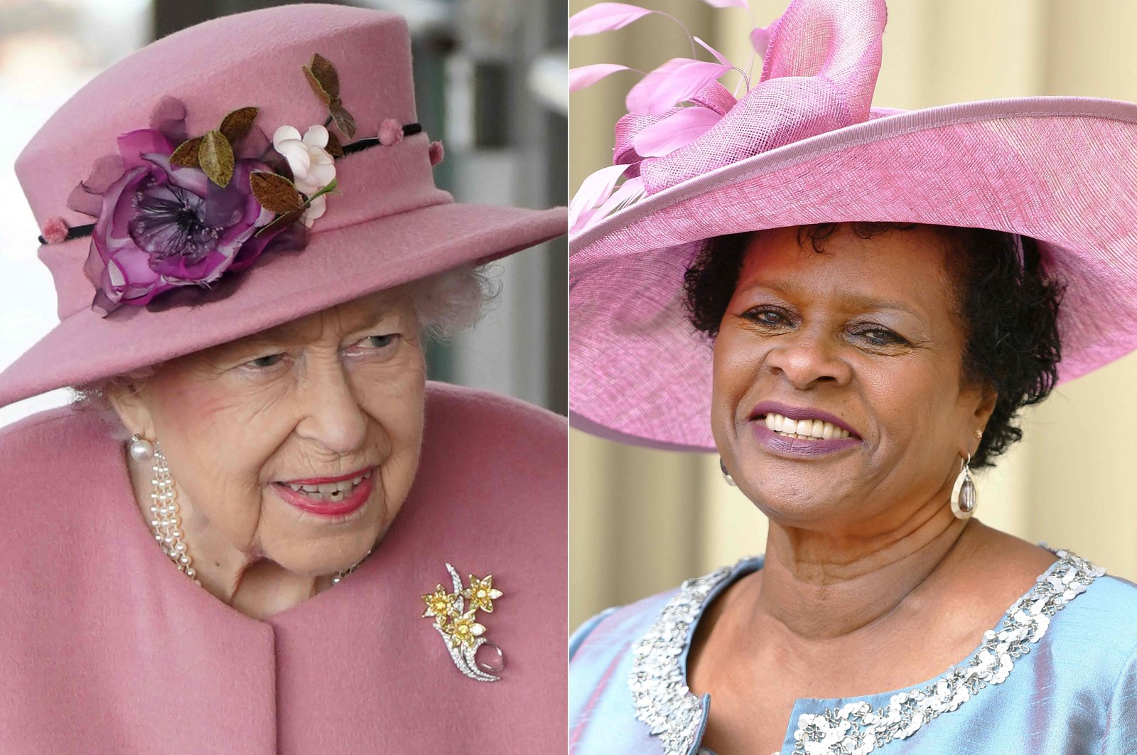 This combination of file pictures created on October 21, 2021, shows Britain's Queen Elizabeth II (L) attending the ceremonial opening of the sixth Senedd, in Cardiff, Wales, on Oct. 14, 2021; and Dame Sandra Mason, governor-general of Barbados, holds her Companion of the Order of St Michael and St George (CMG) medal presented at an investiture ceremony at Buckingham Palace in London, March 23, 2018. (AFP Photo)