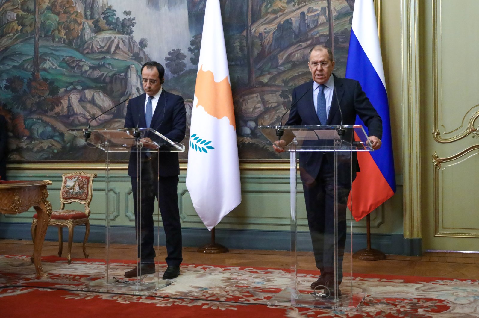 Russian Foreign Minister Sergei Lavrov and Greek Cypriot Foreign Minister Nikos Christodoulides attend a news conference following their meeting in Moscow, Russia, Oct. 21, 2021. (REUTERS Photo)