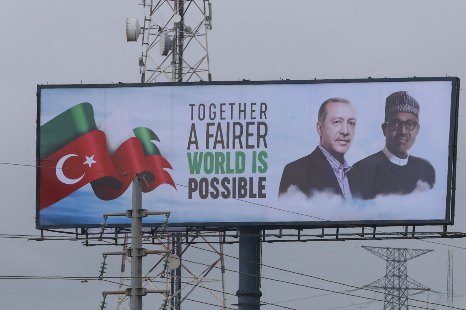 A billboard of President Recep Tayyip Erdoğan (L) and Nigerian President Muhammadu Buhari in Abuja, Nigeria, Oct. 20, 2021. (AA Photo)