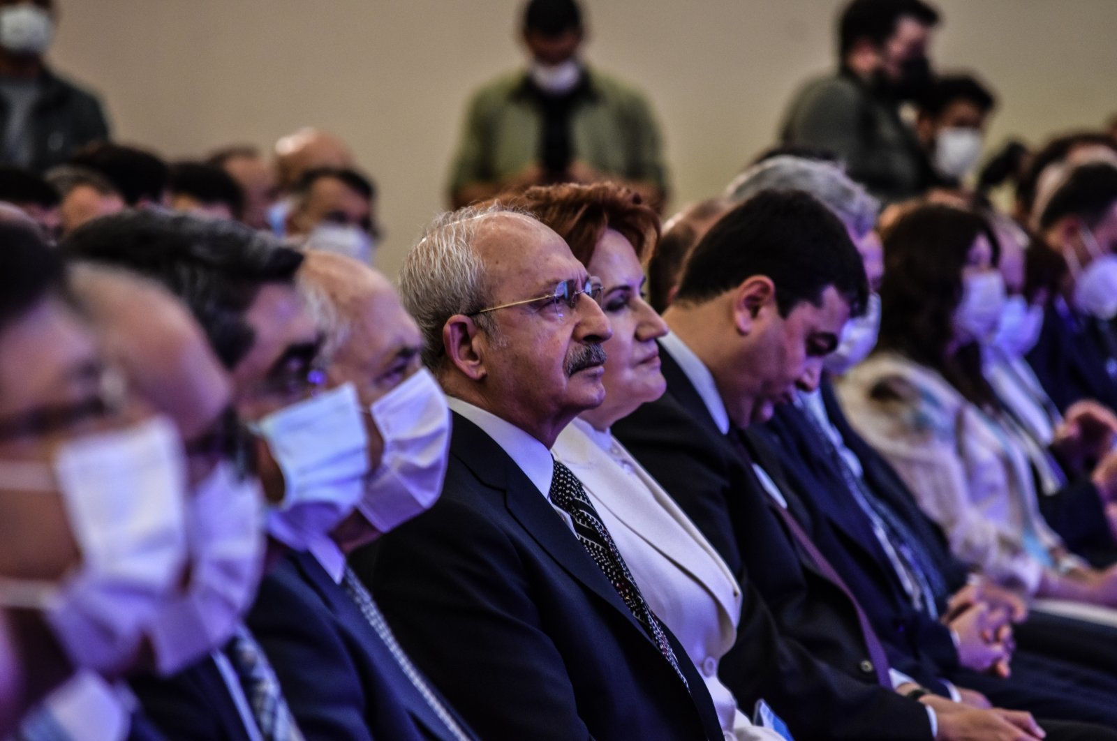 Main opposition Republican People's Party (CHP) Chairperson Kemal Kılıçdaroğlu (5rd L) and Good Party (IP) Chairperson Meral Akşener (6th L) at an event in Ankara, Turkey, June 23, 2021. (Reuters Photo)