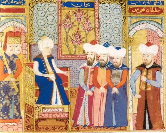 Sultan Mehmed I with his dignitaries in this Ottoman miniature painting, kept at Istanbul University. (Wikimedia Photo)