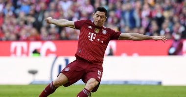 Bayern Munich's Polish striker Robert Lewandowski plays the ball during the German first division Bundesliga football match Bayern Munich v Hoffenheim in Munich, southern Germany, on Oct. 23, 2021. (AFP Photo)