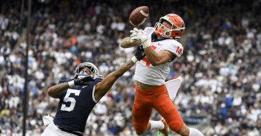 Penn State cornerback Tariq Castro-Fields (5) breaks up a pass intended for Illinois wide receiver Casey Washington (14) during the second half, State College, Pennsylvania, U.S., Oct. 23, 2021. (AP Photo)