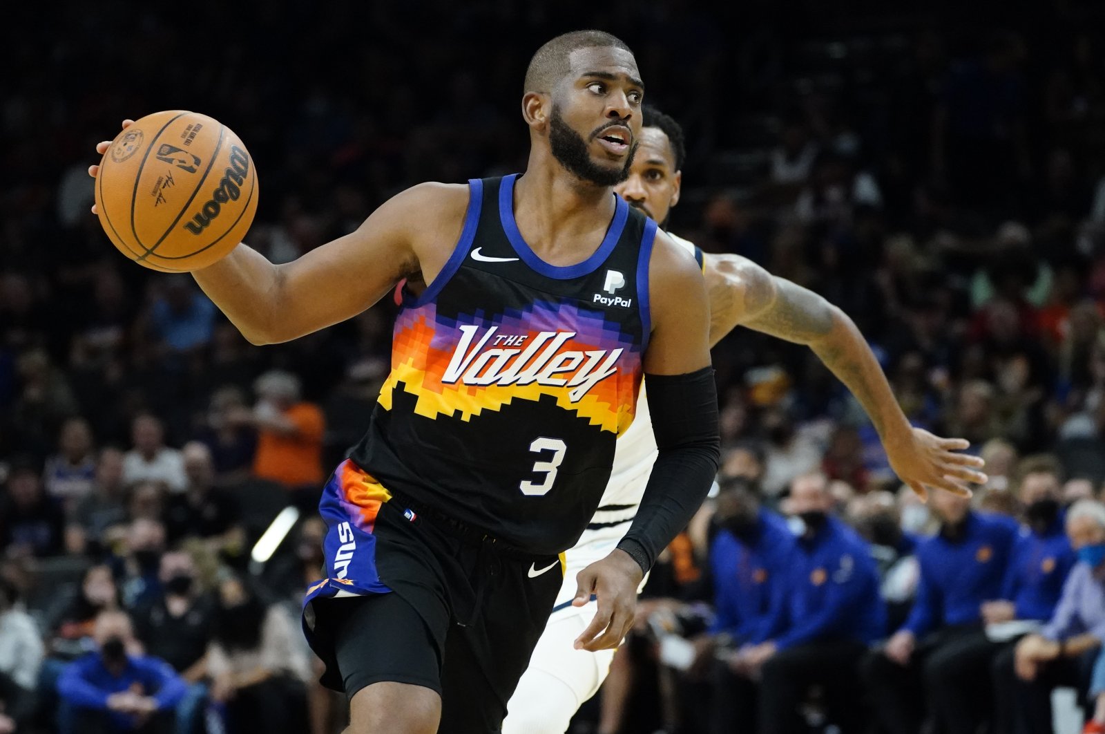 Phoenix Suns guard Chris Paul (3) drives against the Denver Nuggets during the second half of an NBA basketball game, Wednesday, Oct. 20, 2021, in Phoenix. (AP Photo)