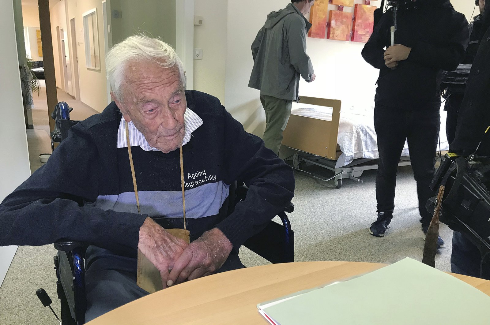 Picture shows 104-year-old Australian David Goodall in a room in Liestal near Basel, Switzerland, where he plans to end his life on Thursday, May 10, 2018. (AP Photo)