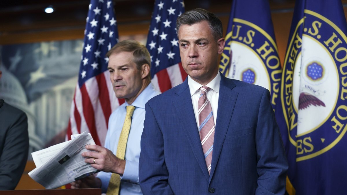 Rep. Jim Banks (C) and Rep. Jim Jordan (L) exchange places at the podium during a news conference after House Speaker Nancy Pelosi rejected the two for the committee investigating the Jan. 6 Capitol insurrection, at the Capitol in Washington, D.C., U.S., July 21, 2021. (AP Photo)