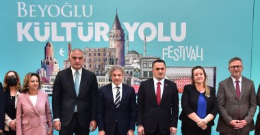Culture and Tourism Minister Mehmet Nuri Ersoy (3rd L) is seen during the publicity event for the Beyoğlu Culture Road Festival alongside deputy ministers and other officials in Istanbul, Turkey, Oct. 22, 2021. (AA Photo)